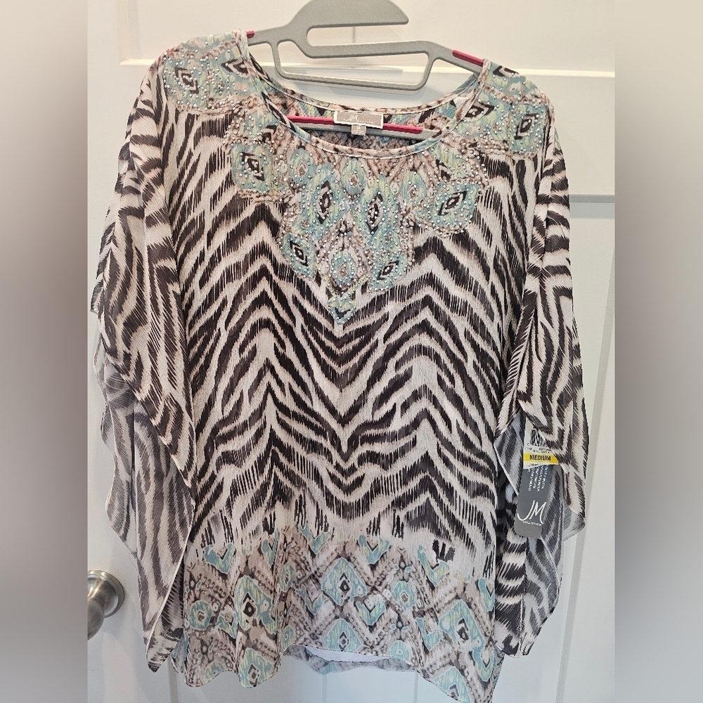 NWT! JM Collection Sunset Breeze RHINESTONES TAN TEAL ANIMAL Tribal blouse Top M